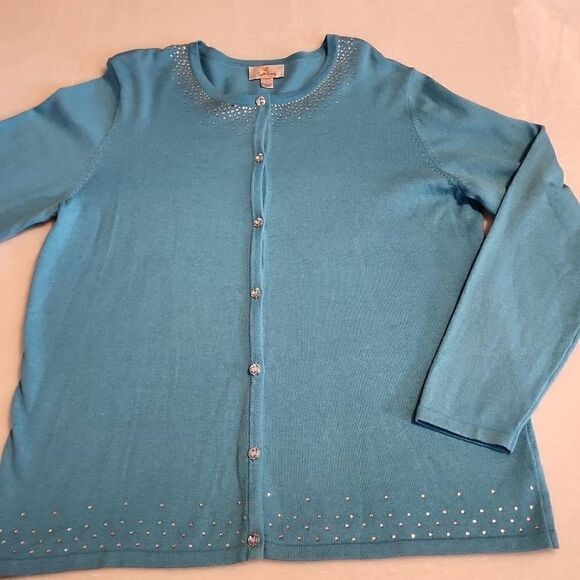 EUC Quacker Factory Womens Turquoise Embellished Cardigan Size Large - Picture 1 of 11